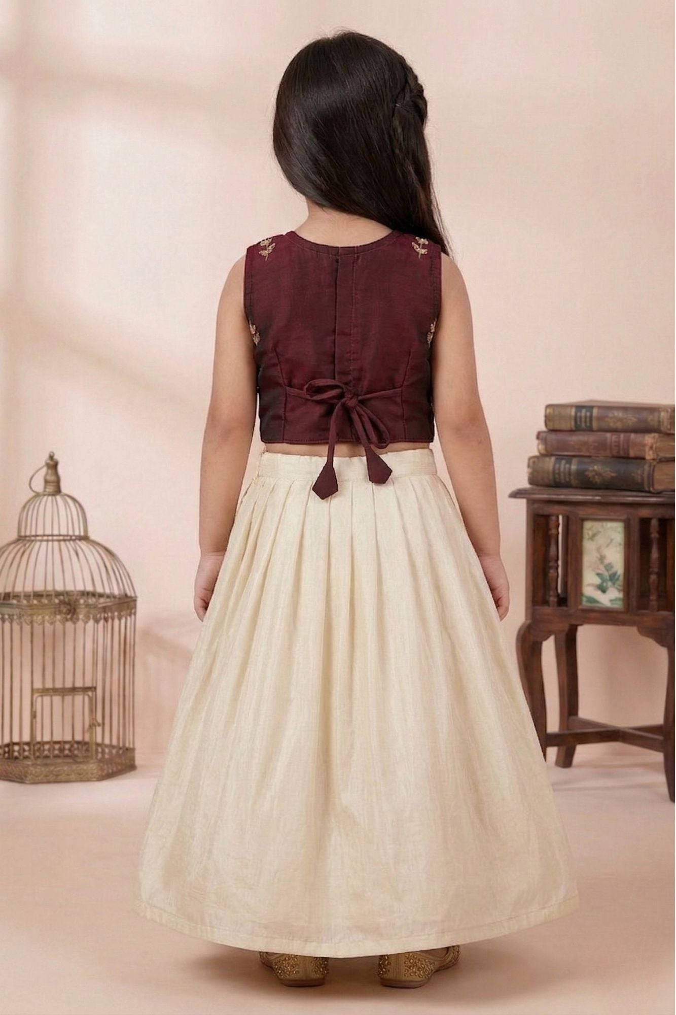 Cream Embroidered Lehenga Choli With Floral Border Design For Girls