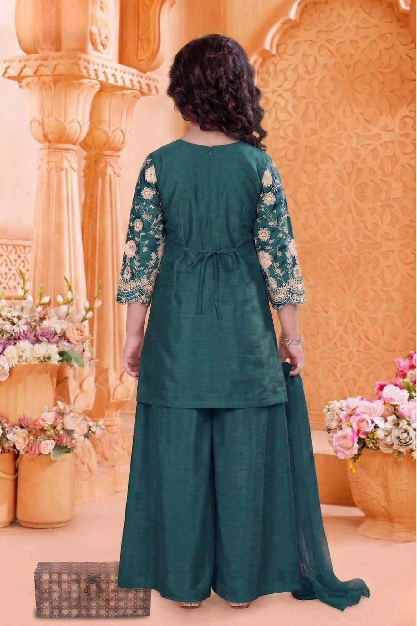 Emerald Green Zari Embroidered Palazzo Set For Girls