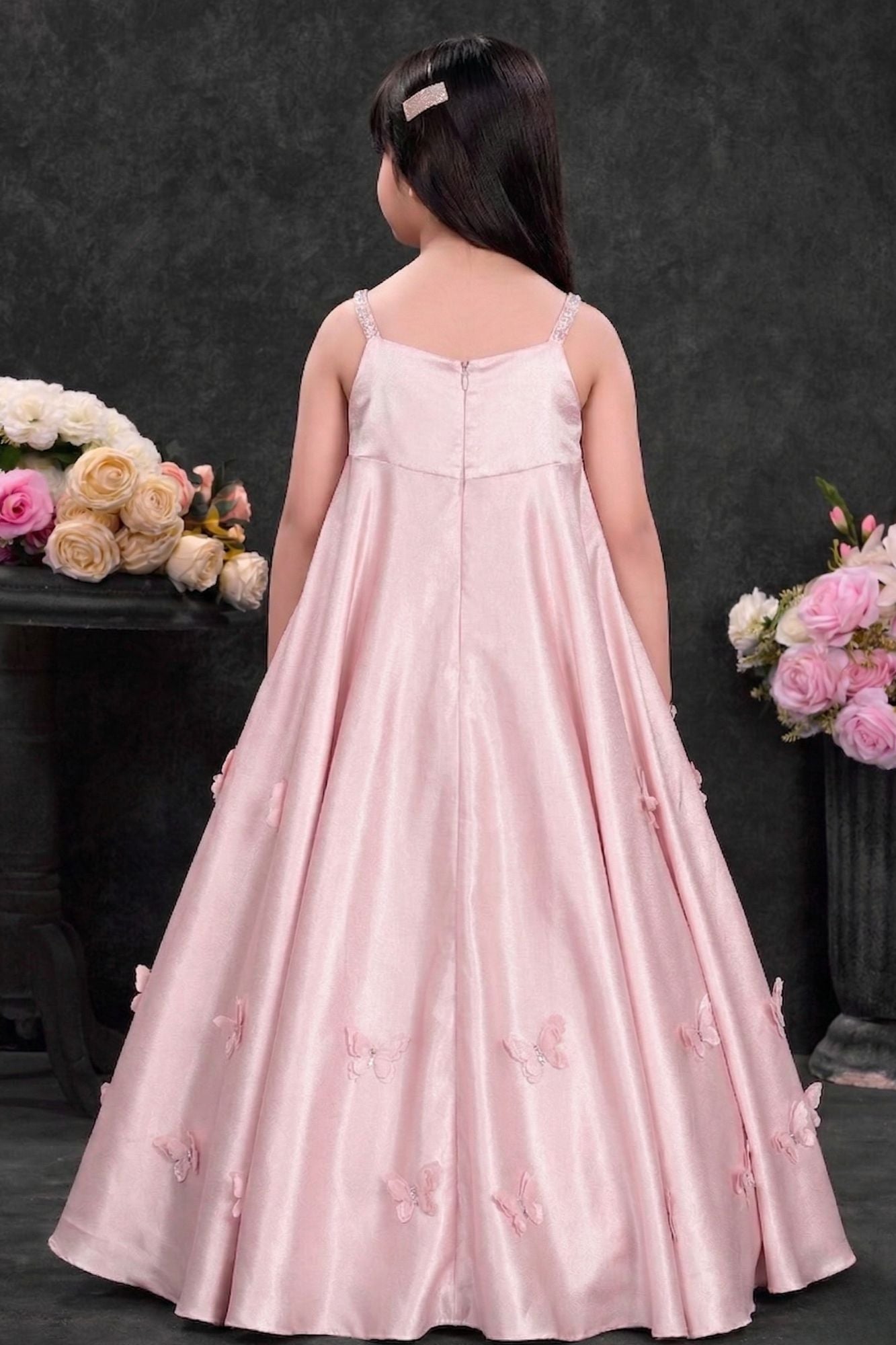 Blush Pink Party Wear Gown With Sequin Bow And Butterfly Applique For Girls