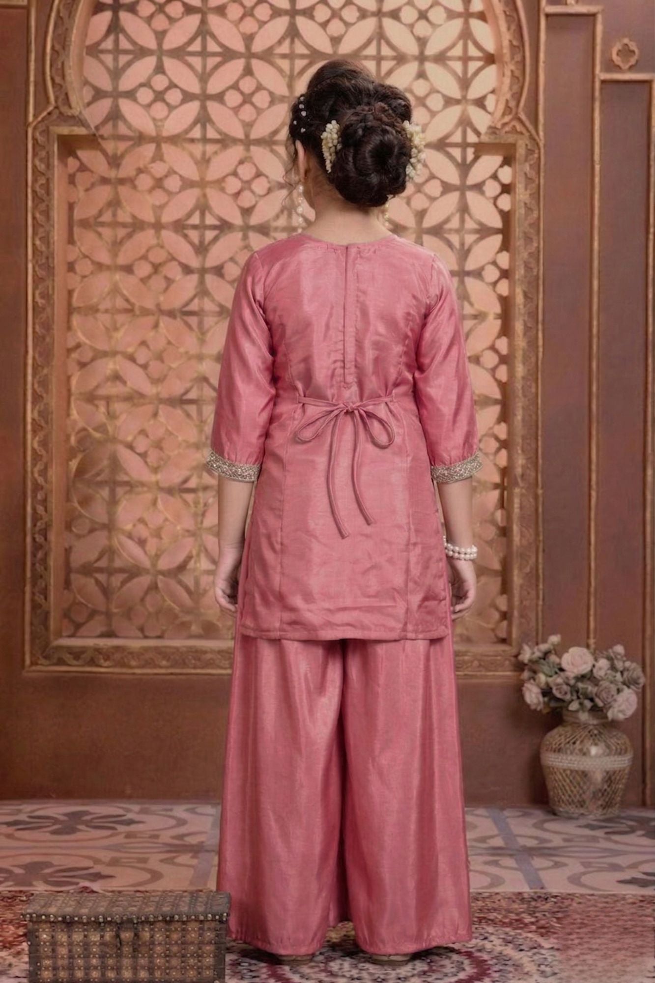 Dusty Rose Embroidered Palazzo Set with Dupatta For Girls