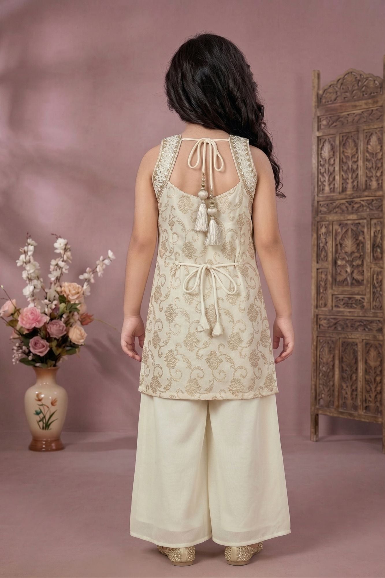 Cream And Golden Embroidered Palazzo Set For Girls