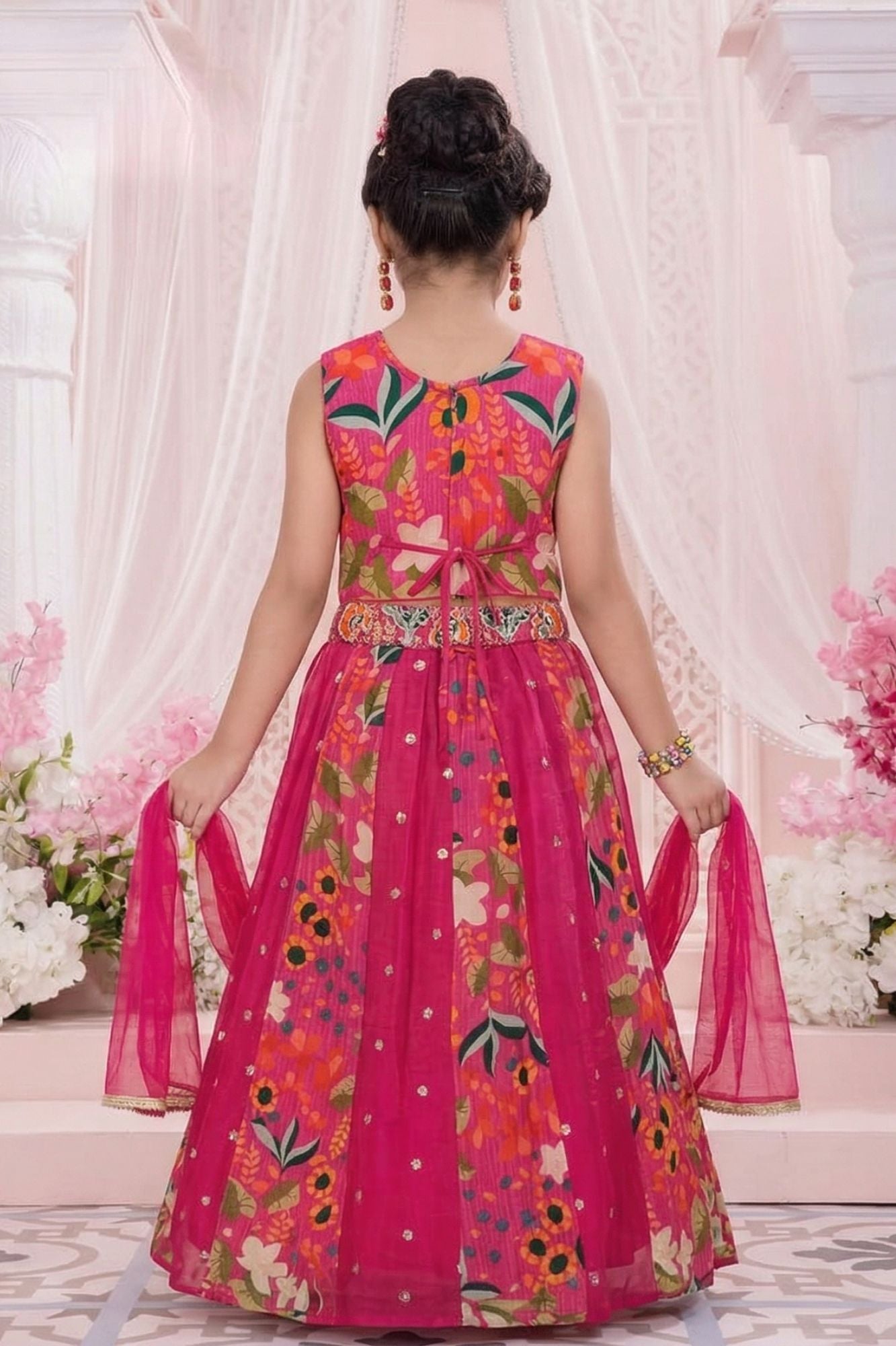 Rani Pink Floral Embroidered Lehenga Choli Set With Dupatta For Girls