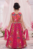 Rani Pink Floral Embroidered Lehenga Choli Set With Dupatta For Girls
