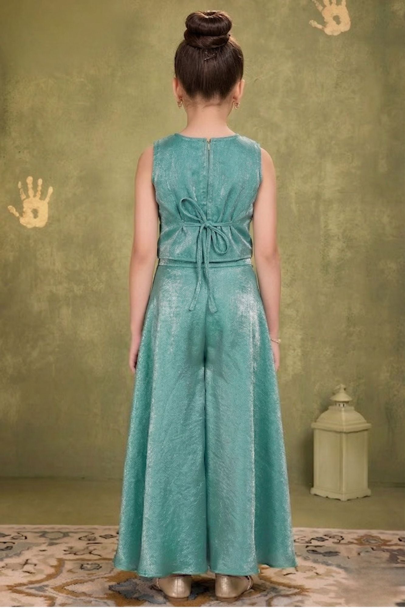 Aqua Blue Organza Palazzo Set with Bead & Sequins Work Top For Girls