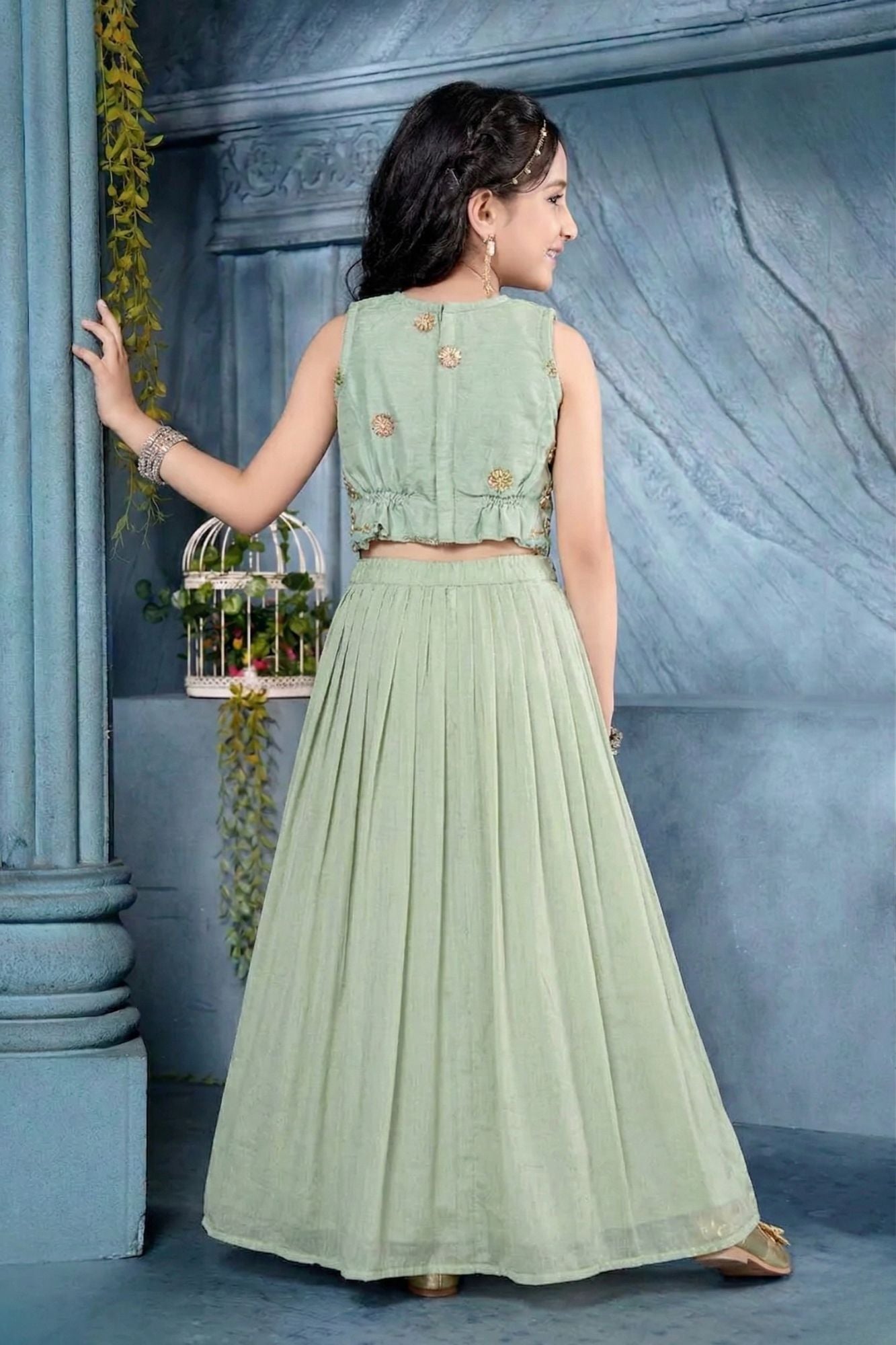 Mint Green Embroidered Lehenga Choli Set with Latkan Tie-Up For Girls