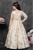 Fawn Sequin Party Wear Gown With One-Shoulder Sleeve And Statement Floral Bow For Girls