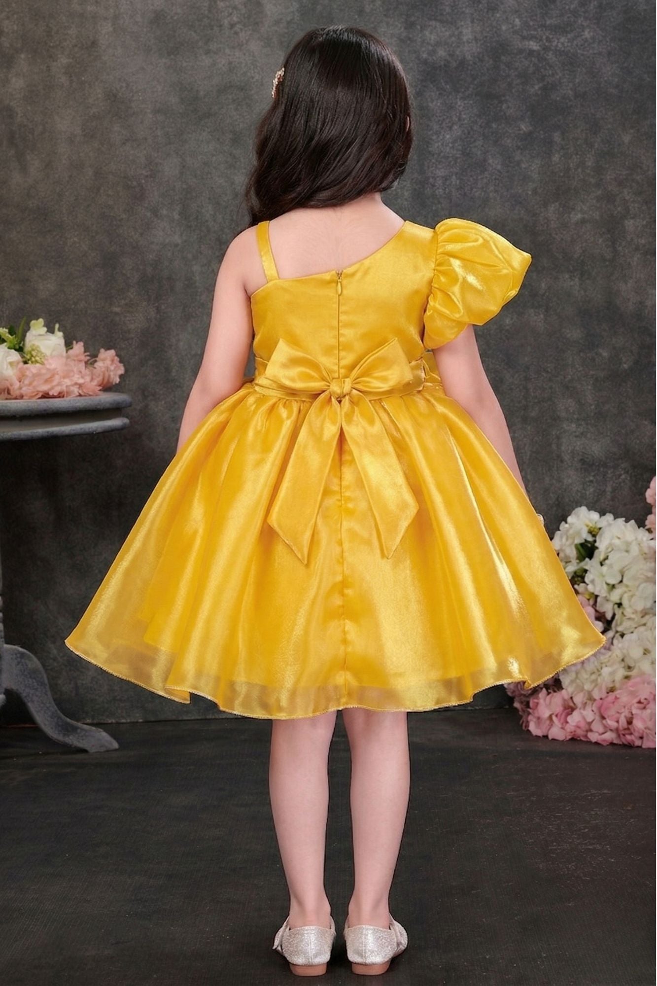 Yellow Party Wear Frock With Sequin Bodice And Statement Ruffle Detail For Girls