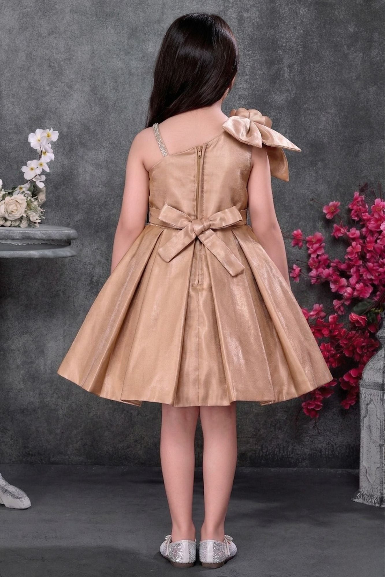 Gold Party Wear Frock With Sequin Bodice And 3D Floral Appliqué For Girls