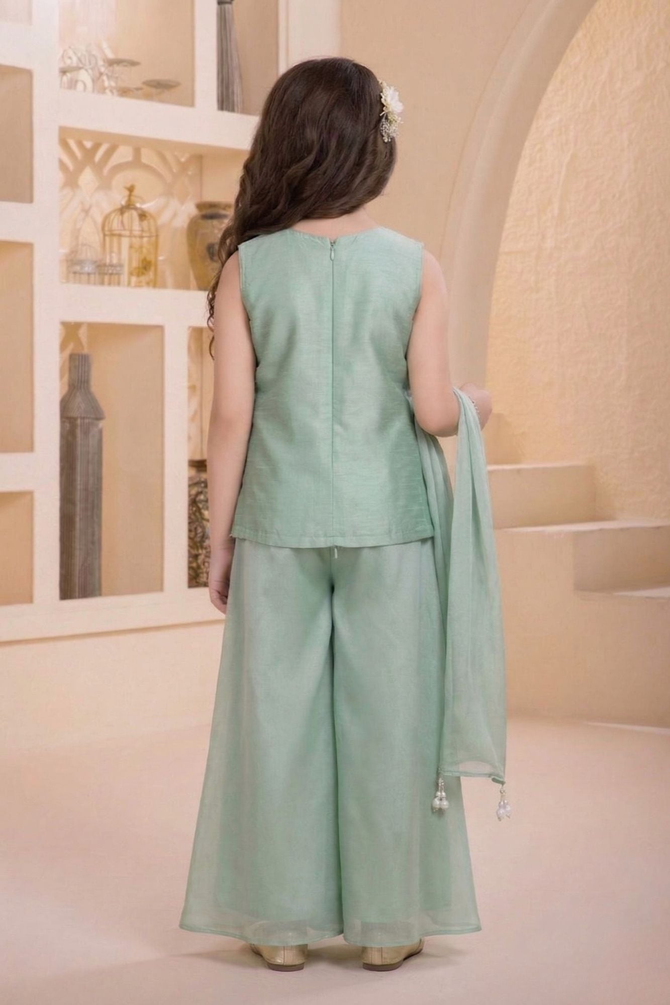 Pista Green Embroidered Georgette Palazzo Set For Girls