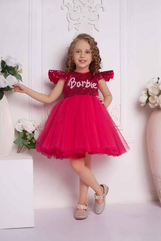 Barbie Sequined Pink Net Frock With Ruffled Sleeves For Girls - Lagorii Kids