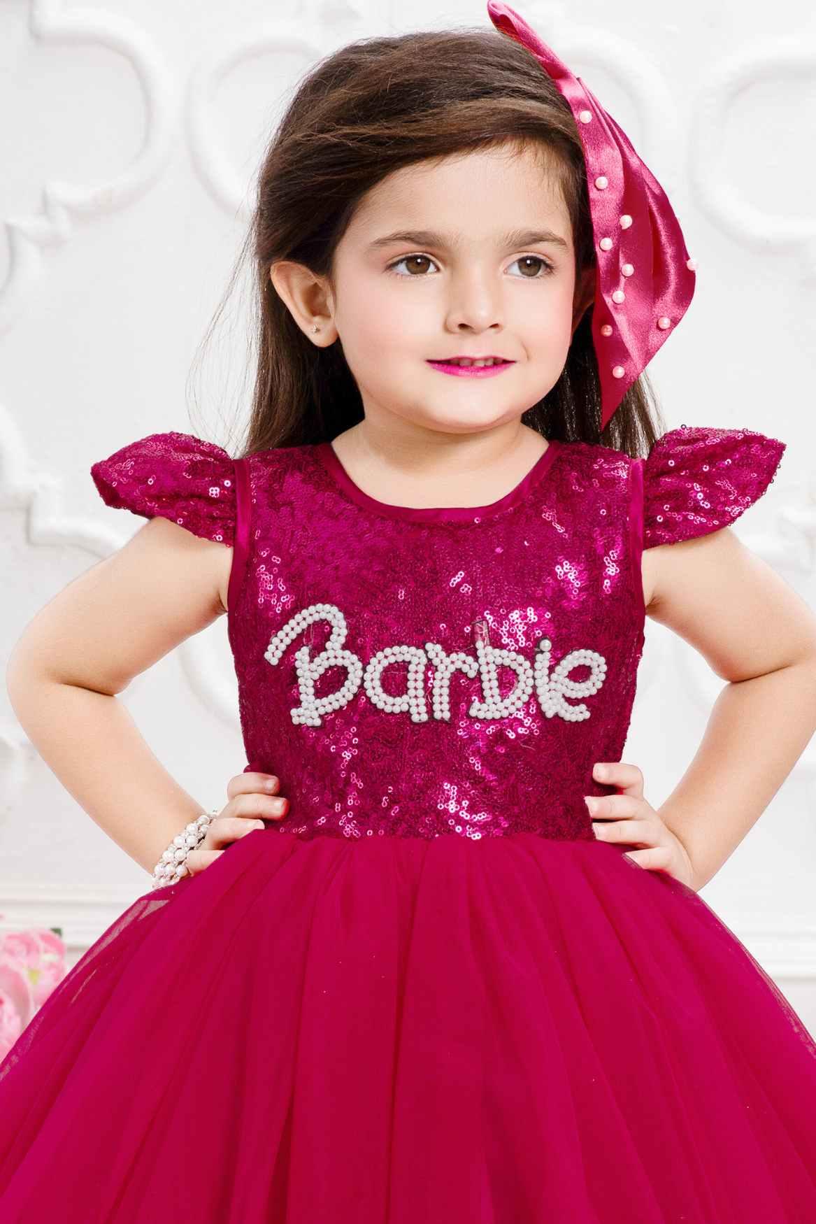Barbie Sequined Pink Net Gown With Ruffled Sleeves For Girls - Lagorii Kids