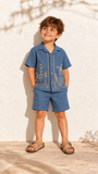 Boys Navy Blue Tropical Embroidered Shorts Set with Collared Shirt
