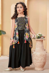 Black Floral Embroidered Palazzo Set With Over Coat For Girls - Lagorii Kids