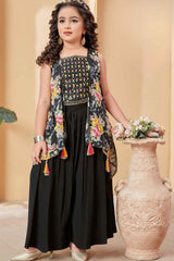 Black Floral Embroidered Palazzo Set With Over Coat For Girls - Lagorii Kids