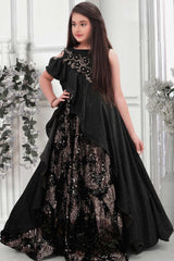 Black Layered Full Length Gown With Ruffle Pattern And Gold Embroidery For Girls - Lagorii Kids