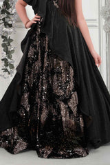 Black Layered Full Length Gown With Ruffle Pattern And Gold Embroidery For Girls - Lagorii Kids