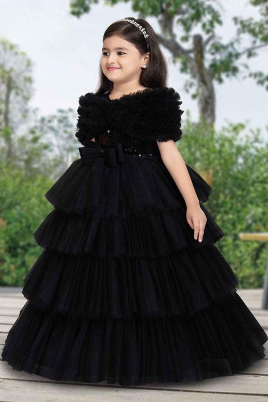 Black Multilayered Sequin Ruffled Net Party Gown With Bow Embellishment For Girls - Lagorii Kids