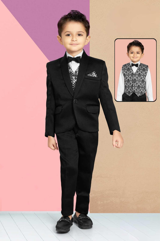 Black Tuxedo With Black Pant And Printed Waistcoat For Boys - Lagorii Kids