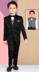 Black Tuxedo With Black Pant And Printed Waistcoat For Boys - Lagorii Kids