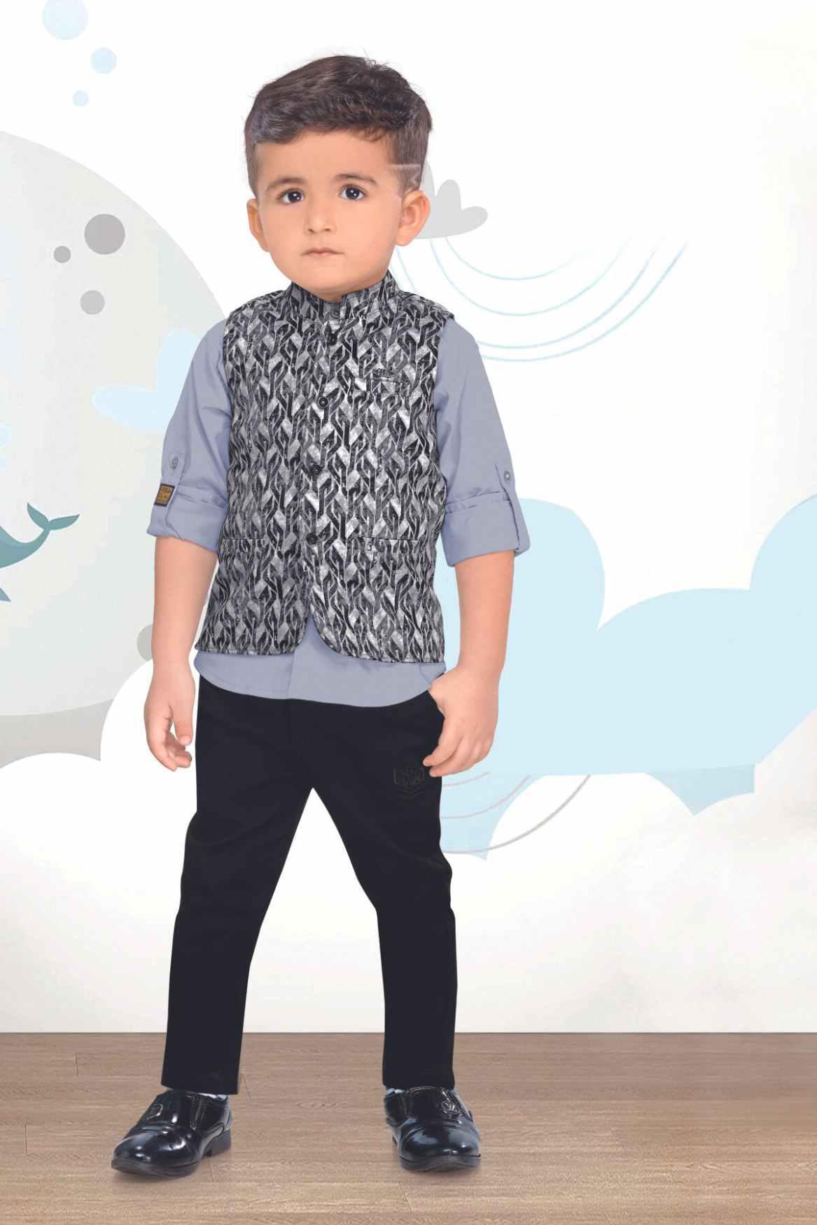 Black Waist Coat Set With Grey Shirt For Boys - Lagorii Kids