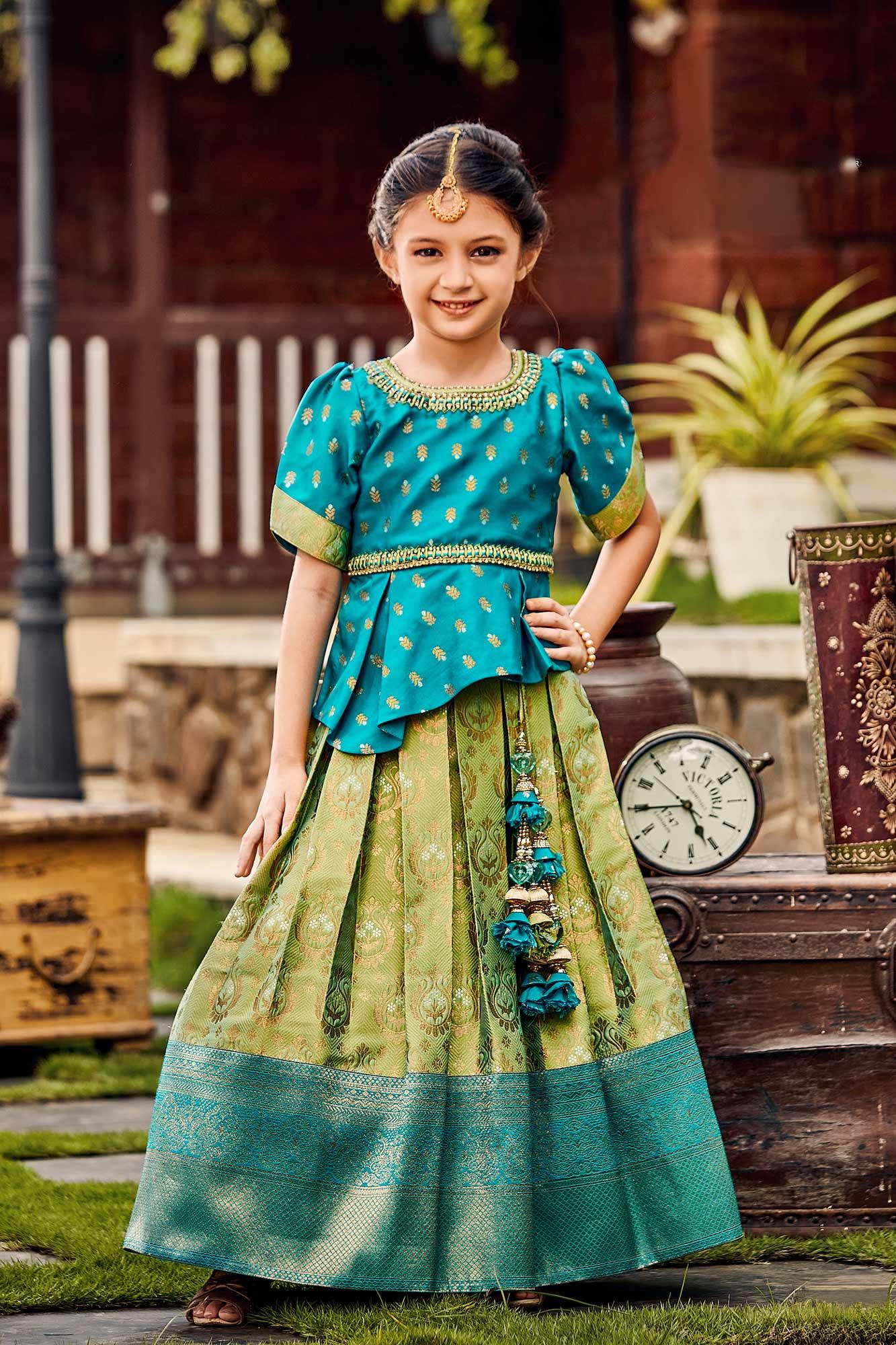 Blue and Green Pattu Pavadai For Girls – Lagorii Kids