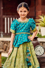 Emerald Elegance: Silk Green Lehenga with Blue Choli for Girls. - Lagorii Kids