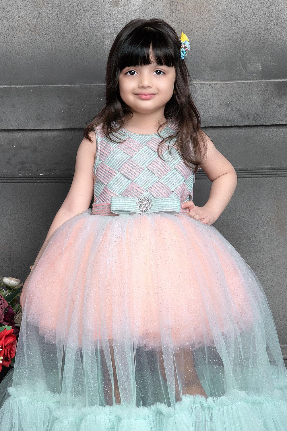 Blue and Pink frock with full length net. - Lagorii Kids