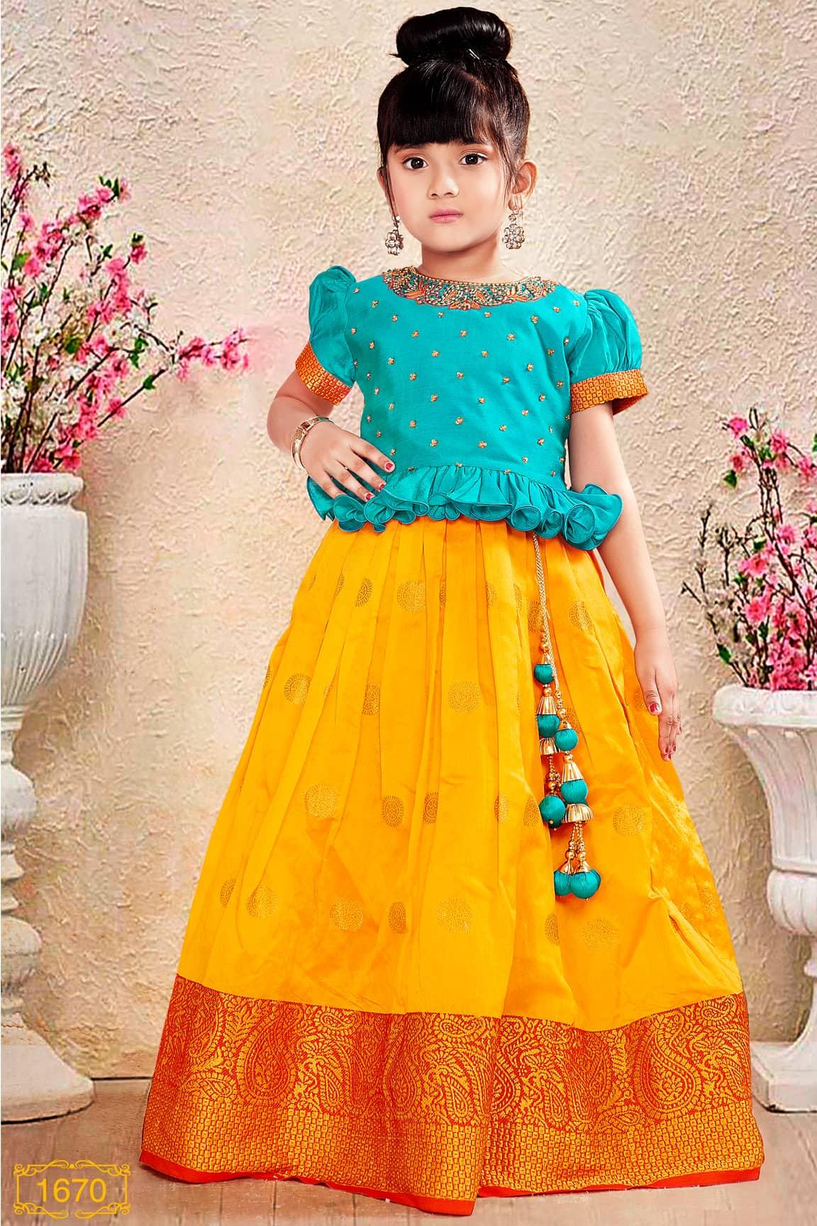 Blue and Yellow with Red Border Pattu Pavadai for Girls - Lagorii Kids