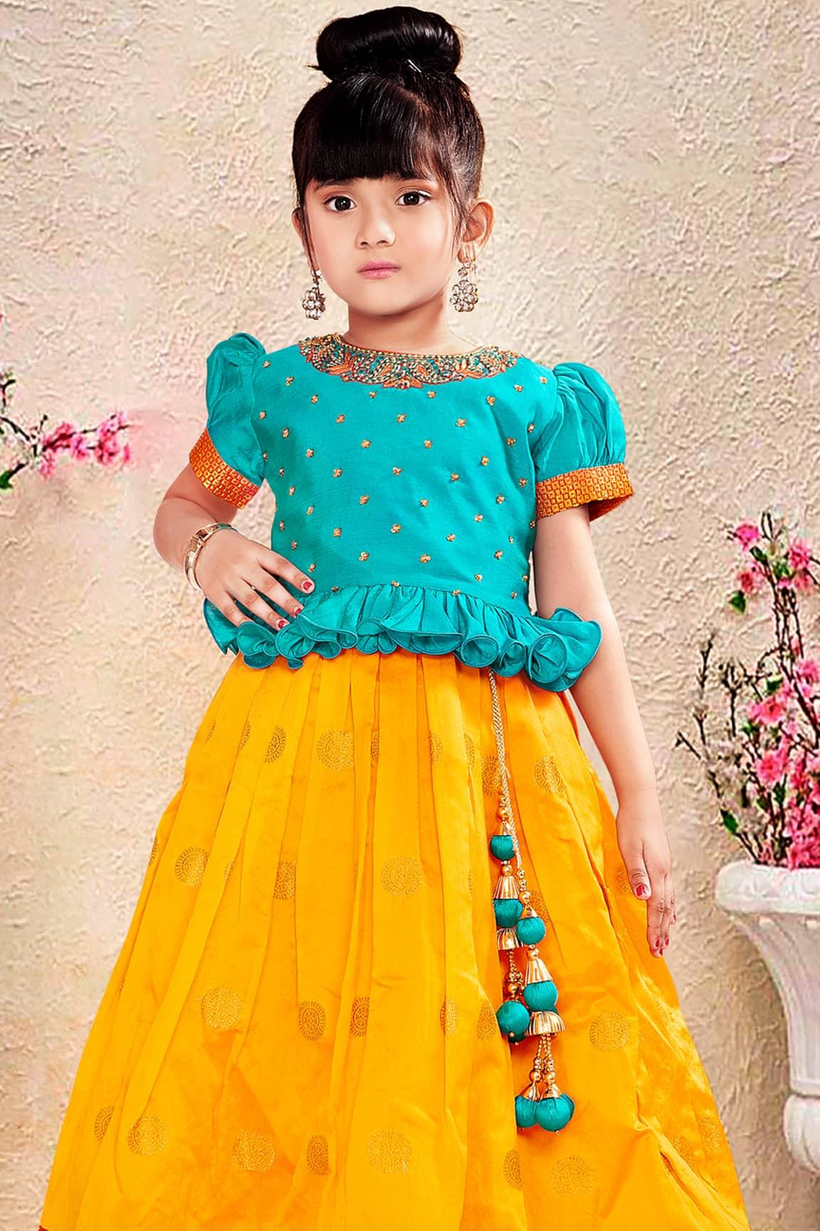 Blue and Yellow with Red Border Pattu Pavadai for Girls - Lagorii Kids