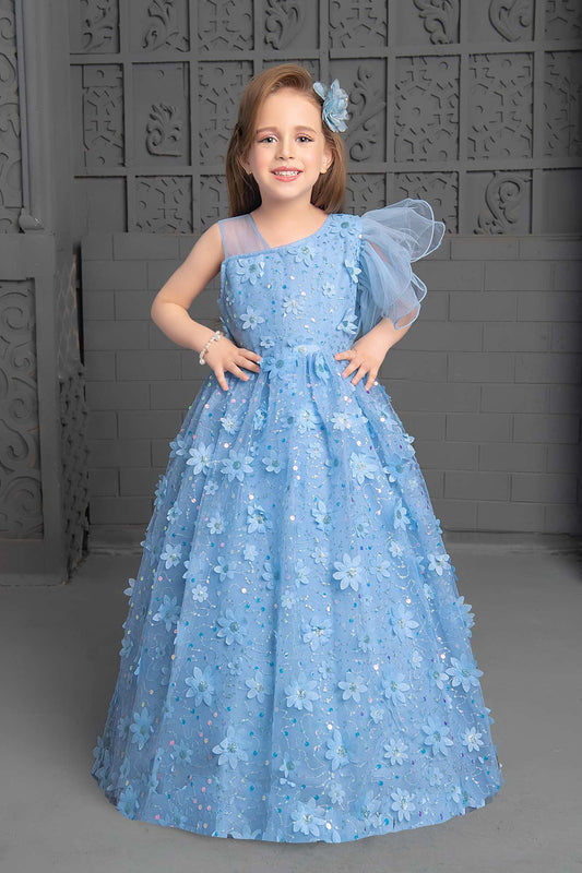 Blue Asymmetric Gown for Girls with floral Embelishments - Lagorii Kids