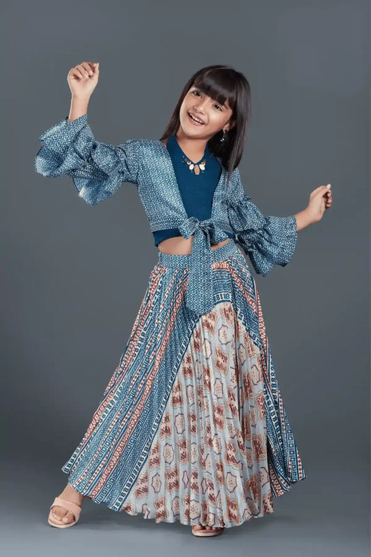 Blue Block Printed Skirt Set With Bulgarian Sleeves Overcoat and Crop Top For Girls
