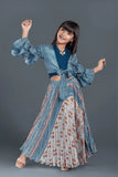 Blue Block Printed Skirt Set With Bulgarian Sleeves Overcoat and Crop Top For Girls