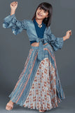 Blue Block Printed Skirt Set With Bulgarian Sleeves Overcoat and Crop Top For Girls