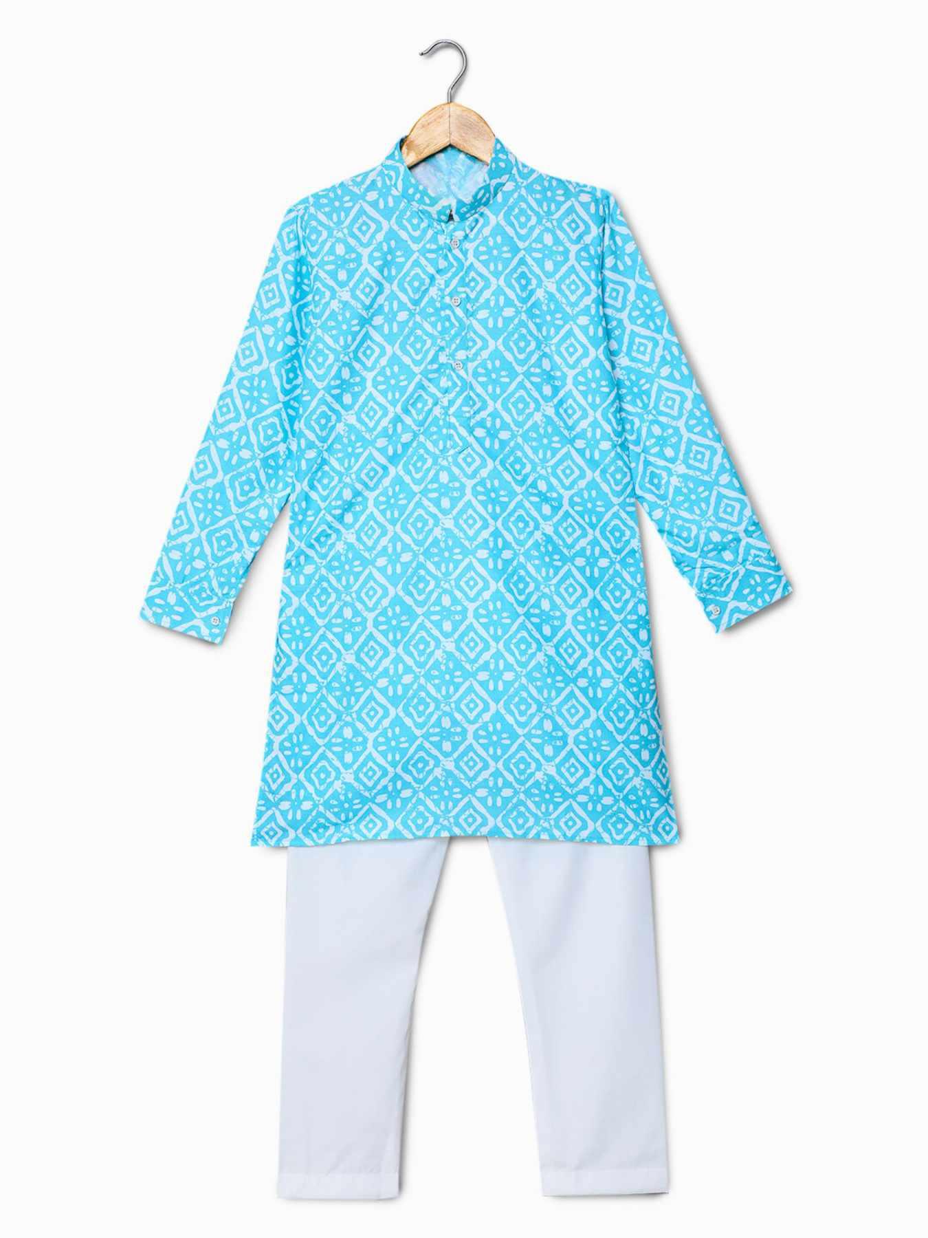 Blue Bundi Printed Kurta Set With White Pants for Boys - Lagorii Kids