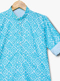 Blue Bundi Printed Kurta Set With White Pants for Boys - Lagorii Kids