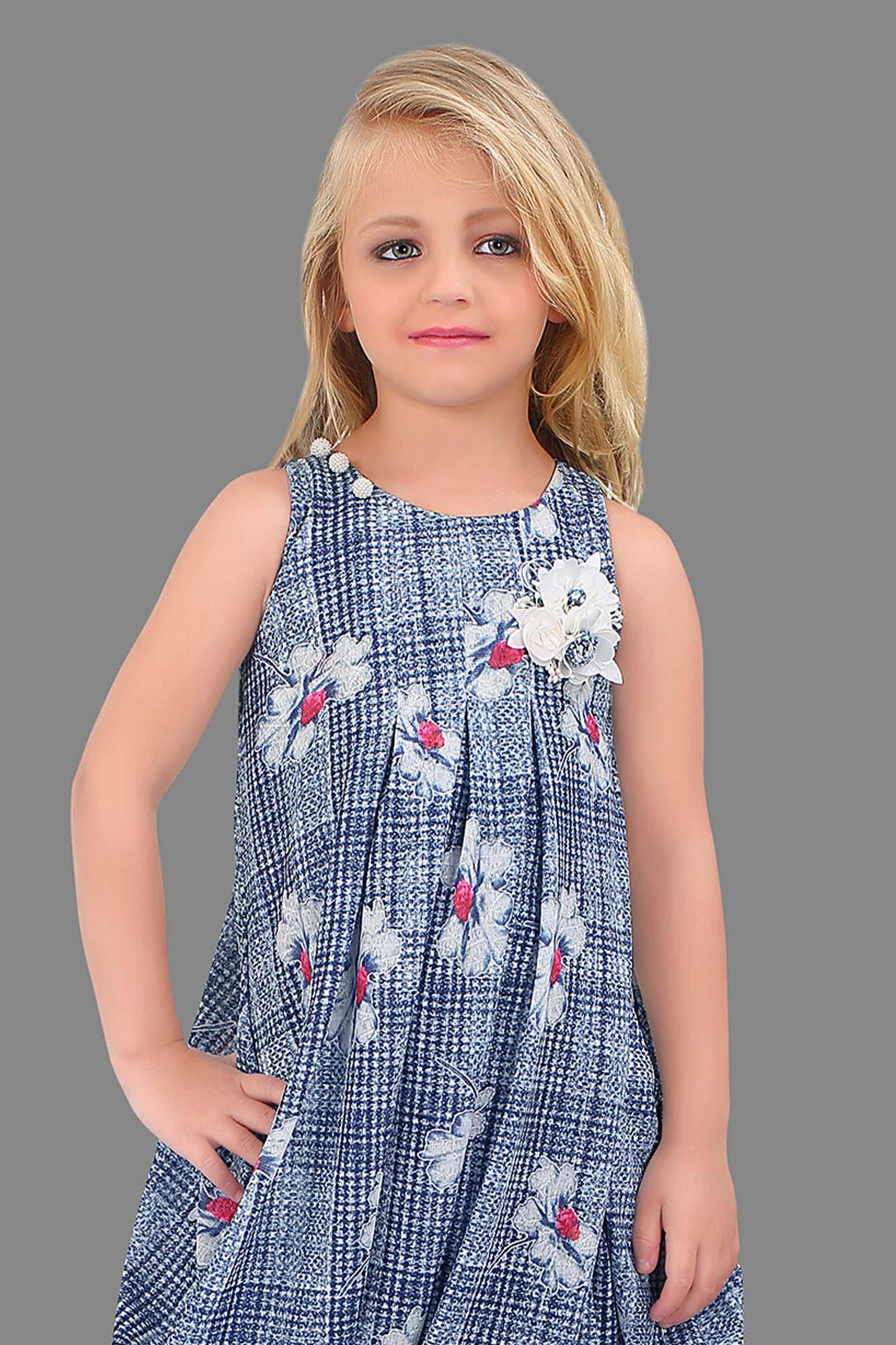 Blue Dhoti Style Dress with Floral Prints - Lagorii Kids