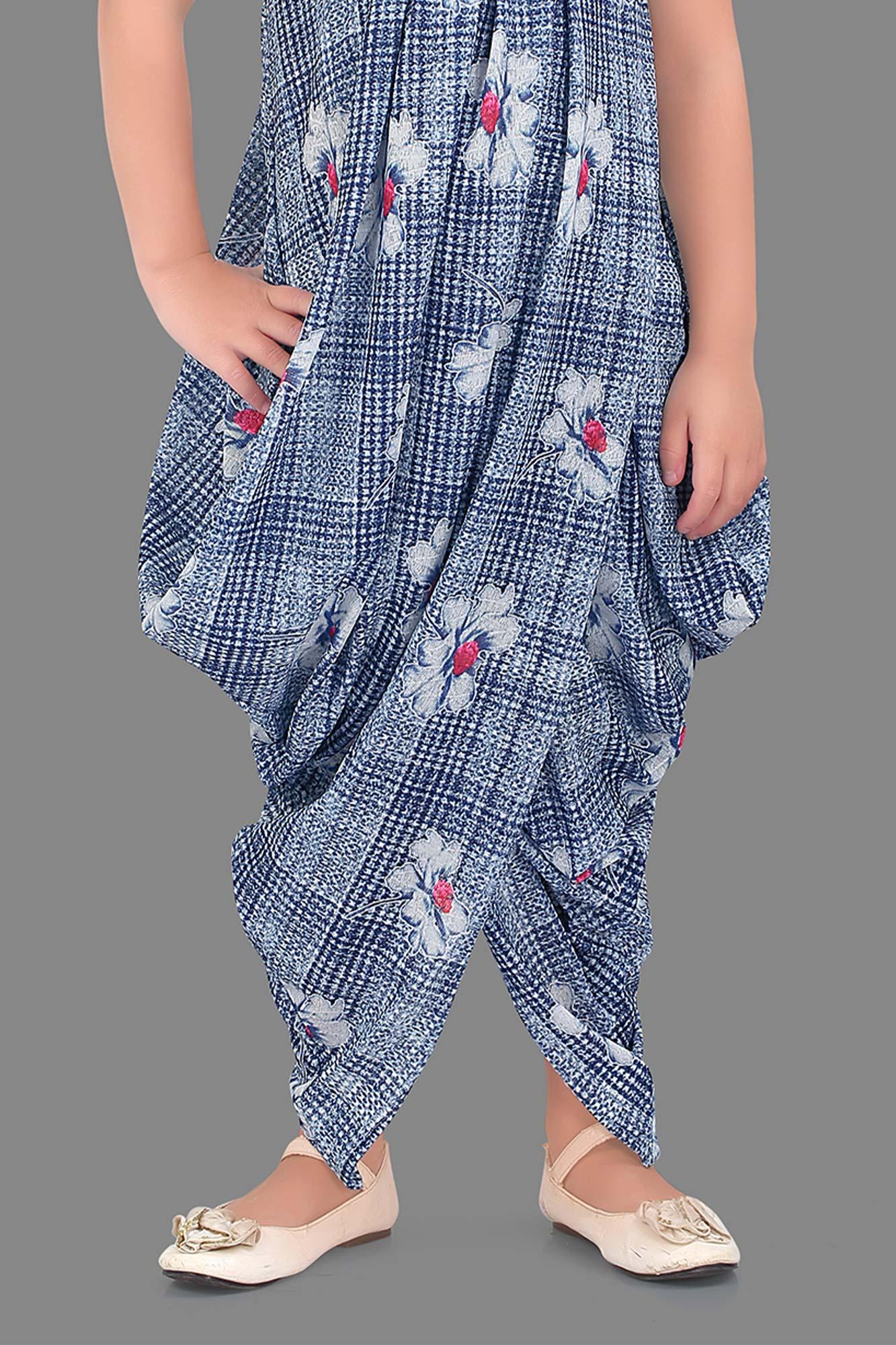 Blue Dhoti Style Dress with Floral Prints - Lagorii Kids