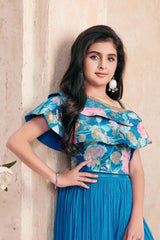 Blue Floral Printed Palazzo Set With Cape Sleeves For Girls - Lagorii Kids