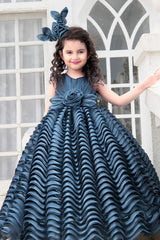 Blue Full Length Layered Designer Gown With Flower For Girls - Lagorii Kids