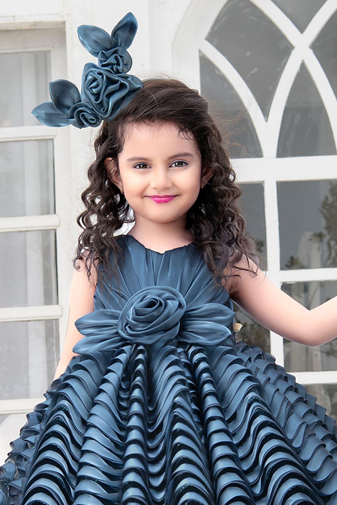 Blue Full Length Layered Designer Gown With Flower For Girls - Lagorii Kids