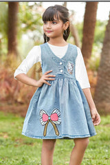 Blue Hello Kitty Dungaree Set With White T-Shirt For Girls - Lagorii Kids