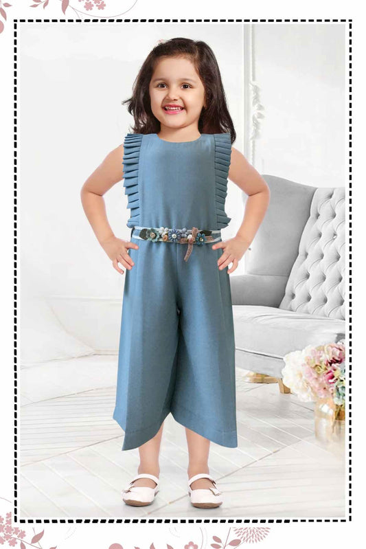 Blue Jumpsuit With Ruffled Sleeves For Girls - Lagorii Kids