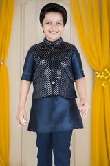 Blue Kurta Set with Shimmer Black Waist Coat For Boys - Lagorii Kids