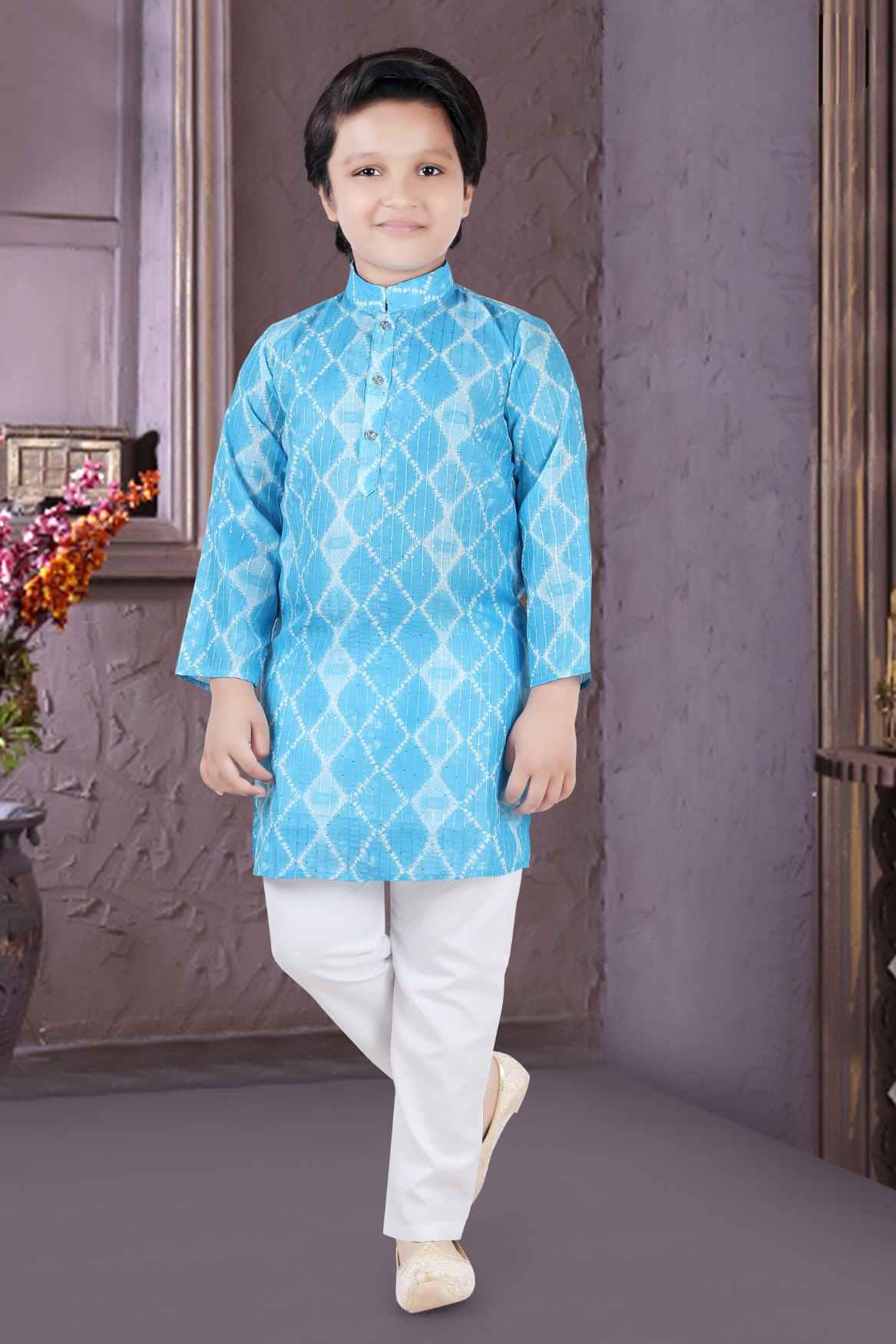 Blue Kurta Set With White Block Print And White Pant For Boys - Lagorii Kids