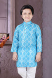 Blue Kurta Set With White Block Print And White Pant For Boys - Lagorii Kids