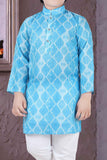 Blue Kurta Set With White Block Print And White Pant For Boys - Lagorii Kids