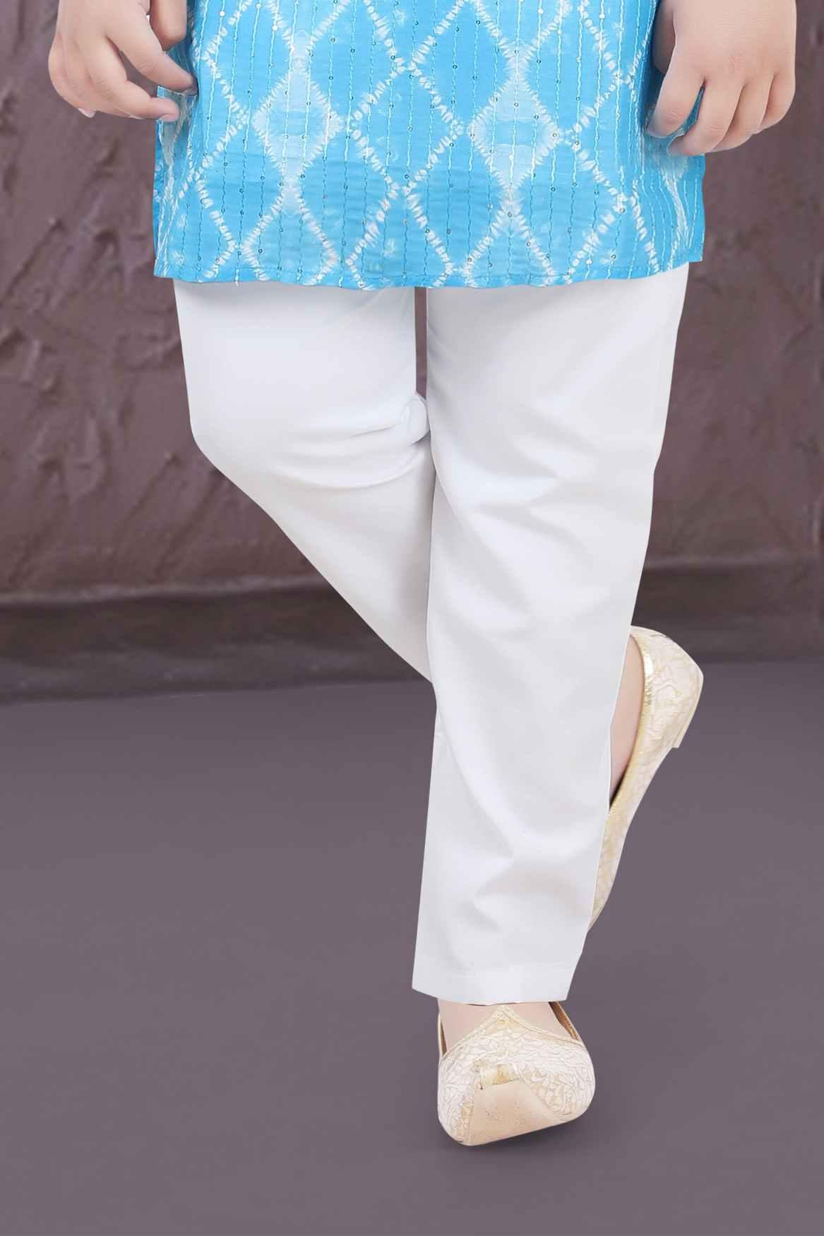 Blue Kurta Set With White Block Print And White Pant For Boys - Lagorii Kids