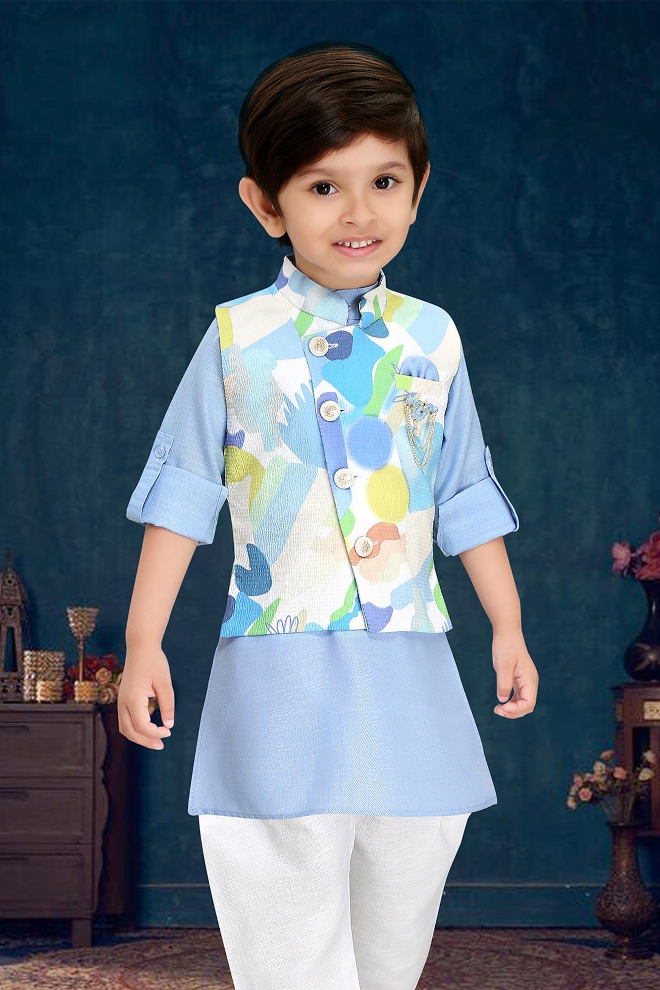 Blue kurta with colourful coat set - Lagorii Kids