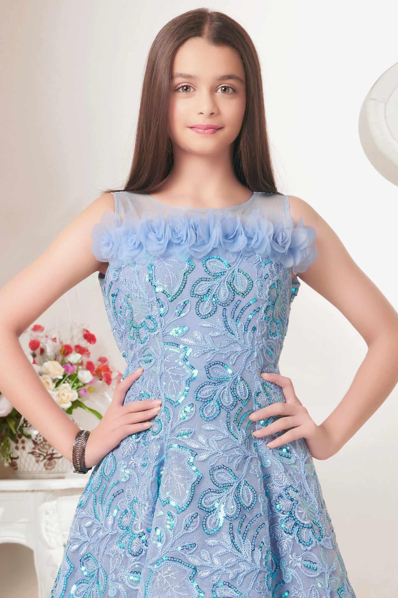 Blue Layered Sequin Full Length Gown For Girls - Lagorii Kids