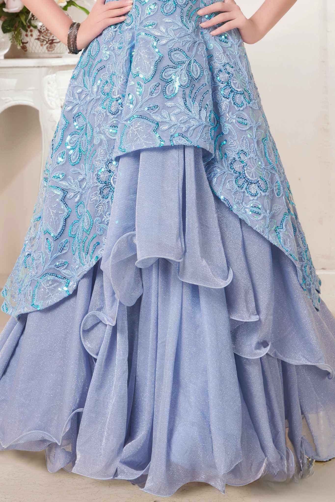 Blue Layered Sequin Full Length Gown For Girls - Lagorii Kids